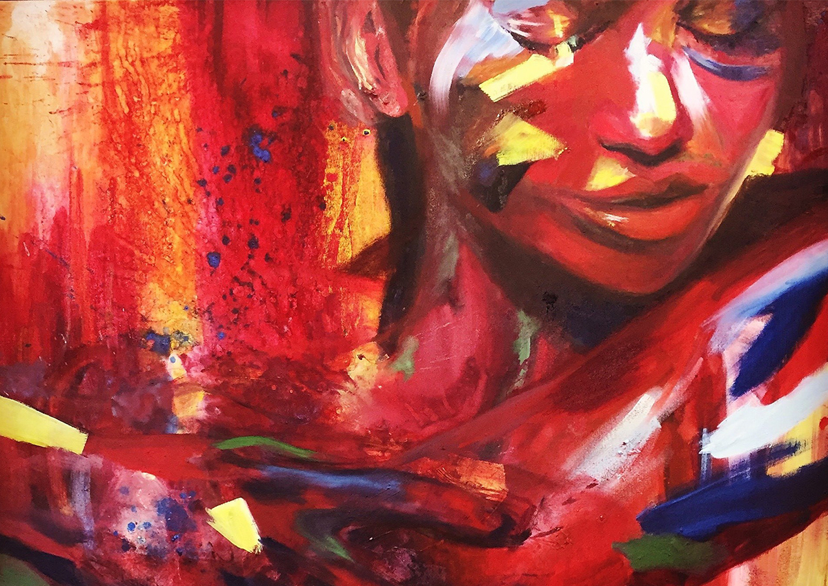 La pintura abstracta de una persona con los ojos cerrados, con atrevidas pinceladas rojas, amarillas y azules en la cara y el cuerpo, explora cómo las obras de arte expresivas pueden convertirse en una poderosa herramienta para la terapia artística y la prevención de la violencia.