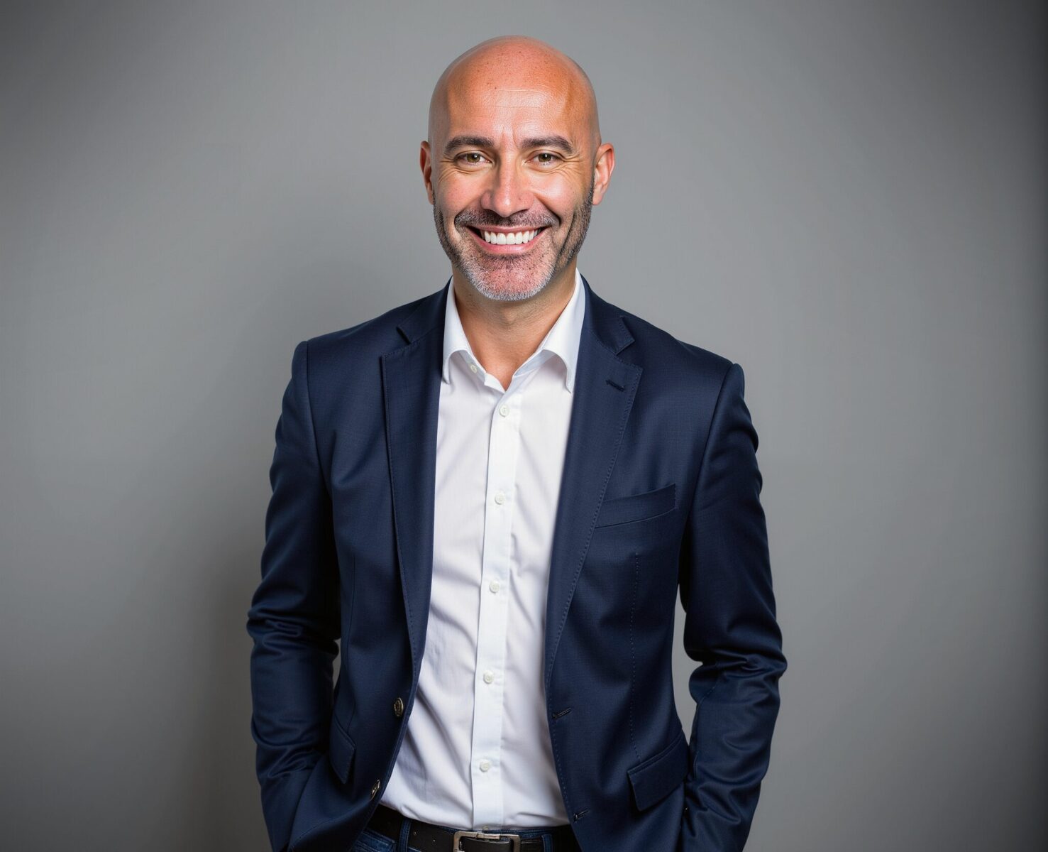 A bald man with a trimmed beard wearing a navy suit and white shirt stands smiling with his hands in his pockets against a plain Grey background.