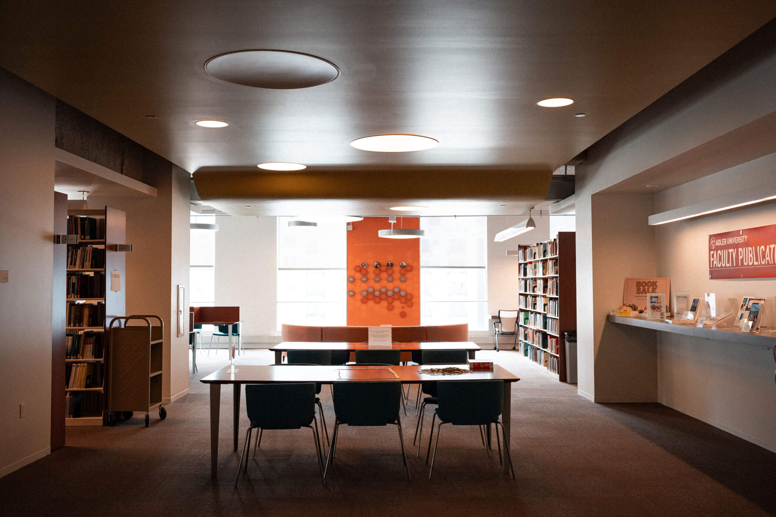 The library at the Chicago Campus of Adler University.